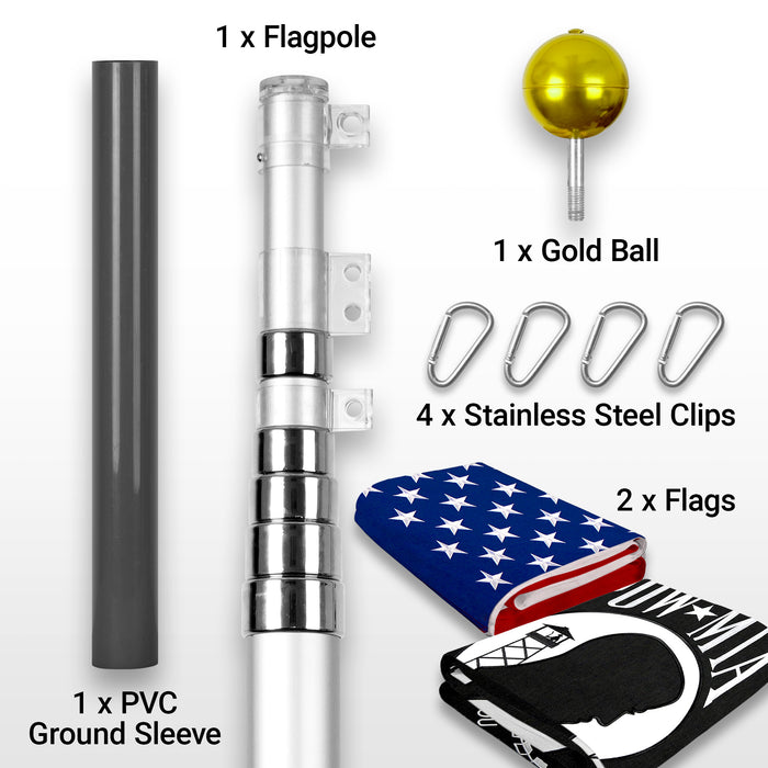 G128 Combo Pack: 25 Ft Telescoping Aluminum Flagpole (Silver) & American and POW Flags 3x5 Ft, Both StormFlyer Series Embroidered 220GSM Spun Polyester | Pole with Flags Included
