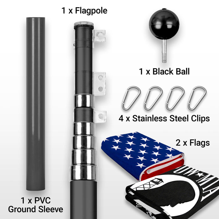 G128 Combo Pack: 25 Ft Telescoping Aluminum Flagpole (Black) & American and POW Flags 3x5 Ft, Both StormFlyer Series Embroidered 220GSM Spun Polyester | Pole with Flags Included