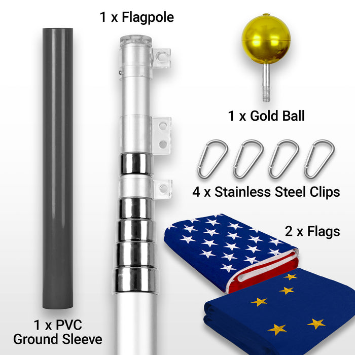 G128 Combo Pack: 20 Ft Telescoping Aluminum Flagpole (Silver) & American and Alaska Flags 3x5 Ft, Both StormFlyer Series Embroidered 220GSM Spun Polyester | Pole with Flags Included