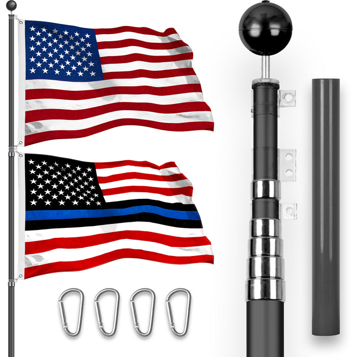 G128 Combo Pack: 20 Ft Telescoping Aluminum Flagpole (Black) & American and Blue Lives Matter Flags 3x5 Ft, Both StormFlyer Series Embroidered 220GSM Spun Polyester | Pole with Flags Included
