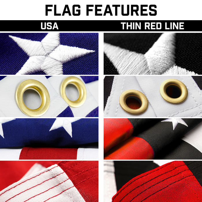 G128 Combo Pack: 20 Ft Telescoping Aluminum Flagpole (Silver) & American and Thin Red Line Flags 3x5 Ft, Both StormFlyer Series Embroidered 220GSM Spun Polyester | Pole with Flags Included