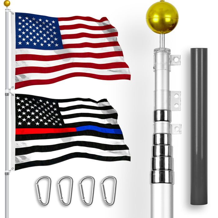 20 foot fishing pole G128 20Ft Telescoping Flagpole SV & American and Thin Blue Red Line Flags Spun 3x5 ft
