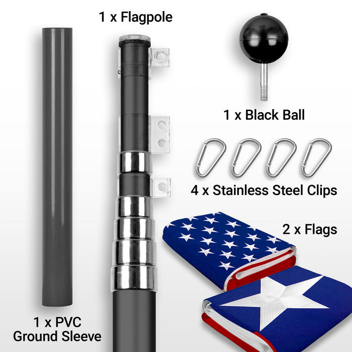 G128 Combo Pack: 20 Ft Telescoping Aluminum Flagpole (Black) & American and Texas Flags 3x5 Ft, Both StormFlyer Series Embroidered 220GSM Spun Polyester | Pole with Flags Included