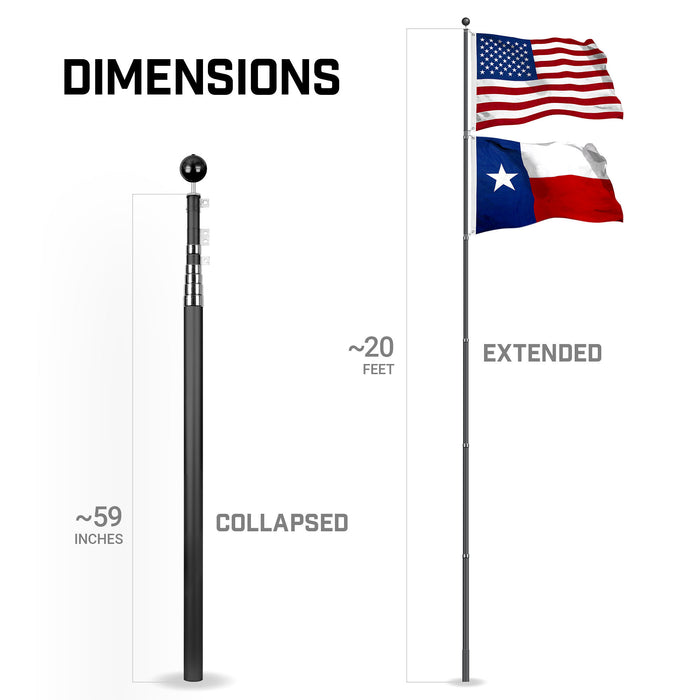 G128 Combo Pack: 20 Ft Telescoping Aluminum Flagpole (Black) & American and Texas Flags 3x5 Ft, Both StormFlyer Series Embroidered 220GSM Spun Polyester | Pole with Flags Included