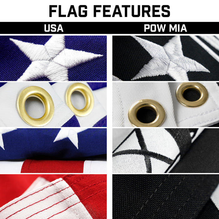 G128 Combo Pack: 25 Ft Telescoping Aluminum Flagpole (Silver) & American and POW Flags 3x5 Ft, Both StormFlyer Series Embroidered 220GSM Spun Polyester | Pole with Flags Included