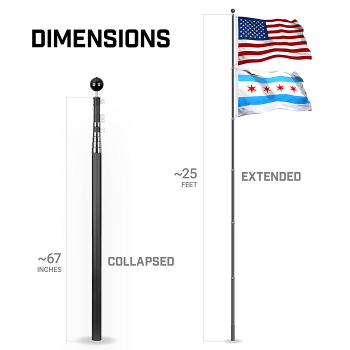 G128 Combo Pack: 25 Ft Telescoping Aluminum Flagpole (Black) & American and Chicago Flags 3x5 Ft, Both StormFlyer Series Embroidered 220GSM Spun Polyester | Pole with Flags Included