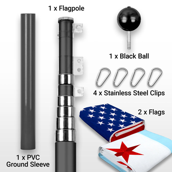 G128 Combo Pack: 25 Ft Telescoping Aluminum Flagpole (Black) & American and Chicago Flags 3x5 Ft, Both StormFlyer Series Embroidered 220GSM Spun Polyester | Pole with Flags Included