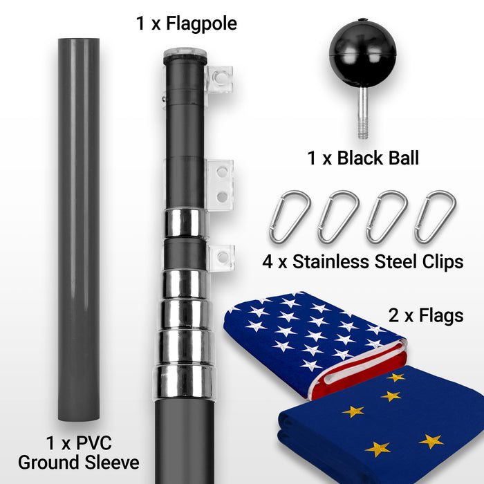 G128 Combo Pack: 20 Ft Telescoping Aluminum Flagpole (Black) & American and Alaska Flags 3x5 Ft, Both StormFlyer Series Embroidered 220GSM Spun Polyester | Pole with Flags Included