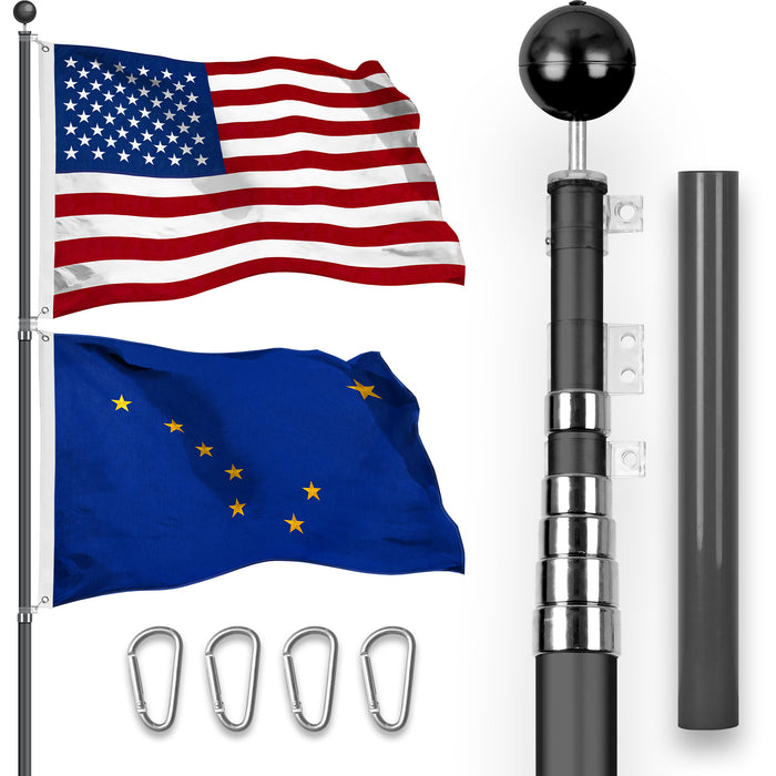 G128 Combo Pack: 20 Ft Telescoping Aluminum Flagpole (Black) & American and Alaska Flags 3x5 Ft, Both StormFlyer Series Embroidered 220GSM Spun Polyester | Pole with Flags Included