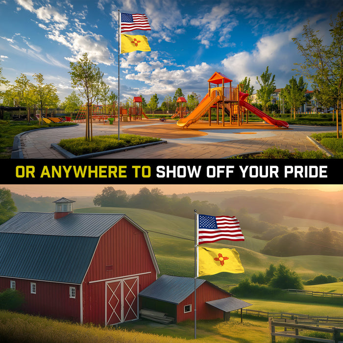 G128 Combo Pack: 25 Ft Telescoping Aluminum Flagpole (Black) & American and New Mexico Flags 3x5 Ft, Both StormFlyer Series Embroidered 220GSM Spun Polyester | Pole with Flags Included