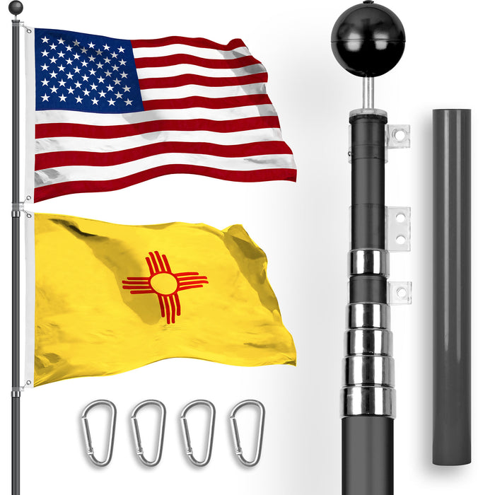 G128 Combo Pack: 25 Ft Telescoping Aluminum Flagpole (Black) & American and New Mexico Flags 3x5 Ft, Both StormFlyer Series Embroidered 220GSM Spun Polyester | Pole with Flags Included