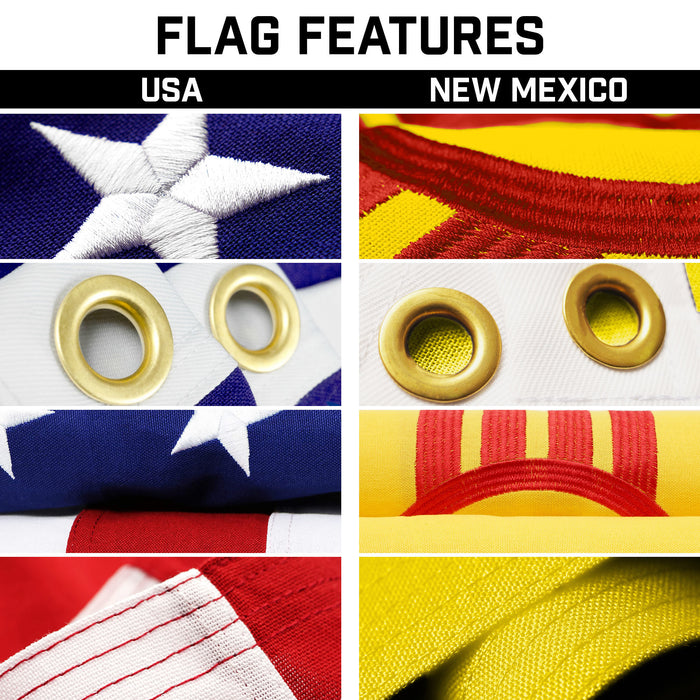 G128 Combo Pack: 20 Ft Telescoping Aluminum Flagpole (Silver) & American and New Mexico Flags 3x5 Ft, Both StormFlyer Series Embroidered 220GSM Spun Polyester | Pole with Flags Included