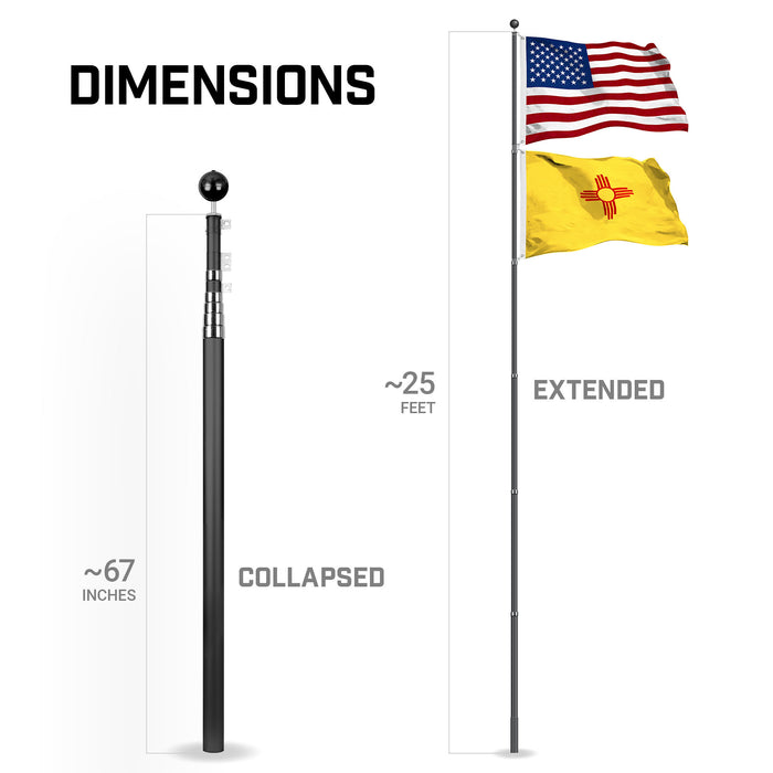 G128 Combo Pack: 25 Ft Telescoping Aluminum Flagpole (Black) & American and New Mexico Flags 3x5 Ft, Both StormFlyer Series Embroidered 220GSM Spun Polyester | Pole with Flags Included