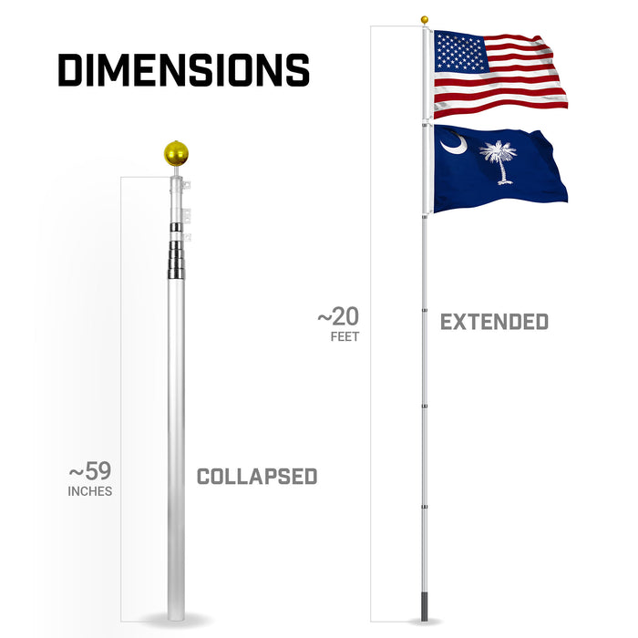 G128 Combo Pack: 20 Ft Telescoping Aluminum Flagpole (Silver) & American and South Carolina Flags 3x5 Ft, Both StormFlyer Series Embroidered 220GSM Spun Polyester | Pole with Flags Included
