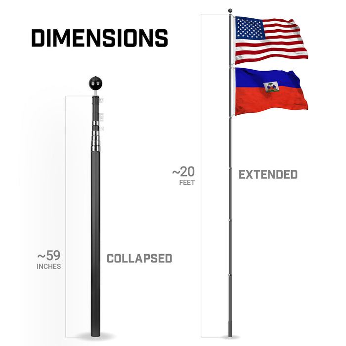 G128 Combo Pack: 20 Ft Telescoping Aluminum Flagpole (Black) & American and Haiti Flags 3x5 Ft, Both StormFlyer Series Embroidered 220GSM Spun Polyester | Pole with Flags Included