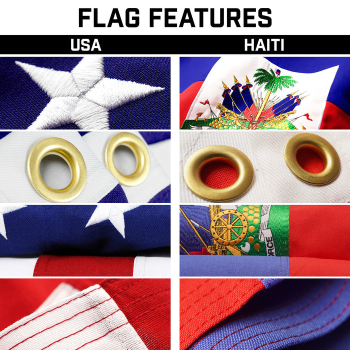G128 Combo Pack: 20 Ft Telescoping Aluminum Flagpole (Black) & American and Haiti Flags 3x5 Ft, Both StormFlyer Series Embroidered 220GSM Spun Polyester | Pole with Flags Included