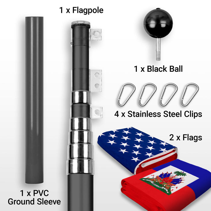 G128 Combo Pack: 20 Ft Telescoping Aluminum Flagpole (Black) & American and Haiti Flags 3x5 Ft, Both StormFlyer Series Embroidered 220GSM Spun Polyester | Pole with Flags Included