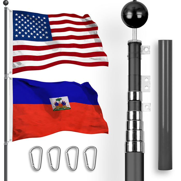G128 Combo Pack: 20 Ft Telescoping Aluminum Flagpole (Black) & American and Haiti Flags 3x5 Ft, Both StormFlyer Series Embroidered 220GSM Spun Polyester | Pole with Flags Included