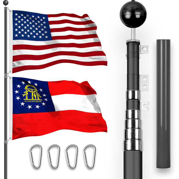 G128 Combo Pack: 25 Ft Telescoping Aluminum Flagpole (Black) & American and Georgia Flags 3x5 Ft, Both StormFlyer Series Embroidered 220GSM Spun Polyester | Pole with Flags Included