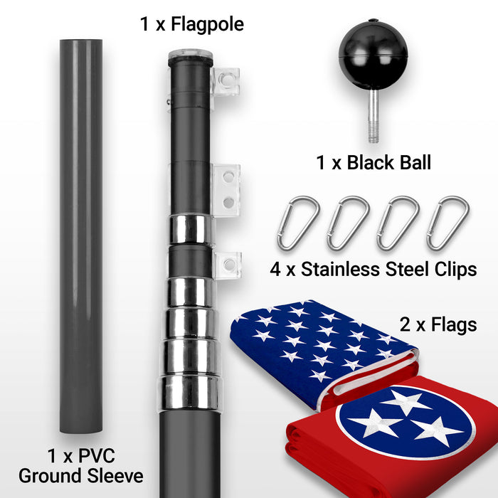 G128 Combo Pack: 20 Ft Telescoping Aluminum Flagpole (Black) & American and Tennessee Flags 3x5 Ft, Both StormFlyer Series Embroidered 220GSM Spun Polyester | Pole with Flags Included