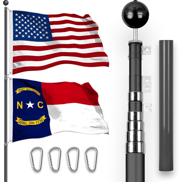 G128 Combo Pack: 20 Ft Telescoping Aluminum Flagpole (Black) & American and North Carolina Flags 3x5 Ft, Both StormFlyer Series Embroidered 220GSM Spun Polyester | Pole with Flags Included