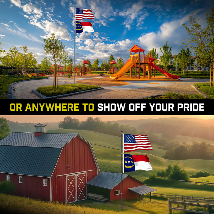 G128 Combo Pack: 20 Ft Telescoping Aluminum Flagpole (Black) & American and North Carolina Flags 3x5 Ft, Both StormFlyer Series Embroidered 220GSM Spun Polyester | Pole with Flags Included