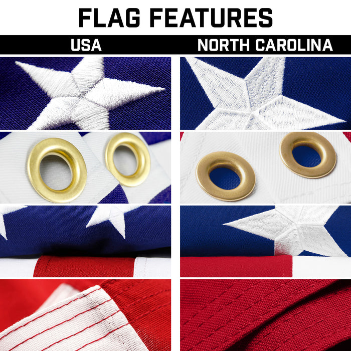 G128 Combo Pack: 20 Ft Telescoping Aluminum Flagpole (Black) & American and North Carolina Flags 3x5 Ft, Both StormFlyer Series Embroidered 220GSM Spun Polyester | Pole with Flags Included
