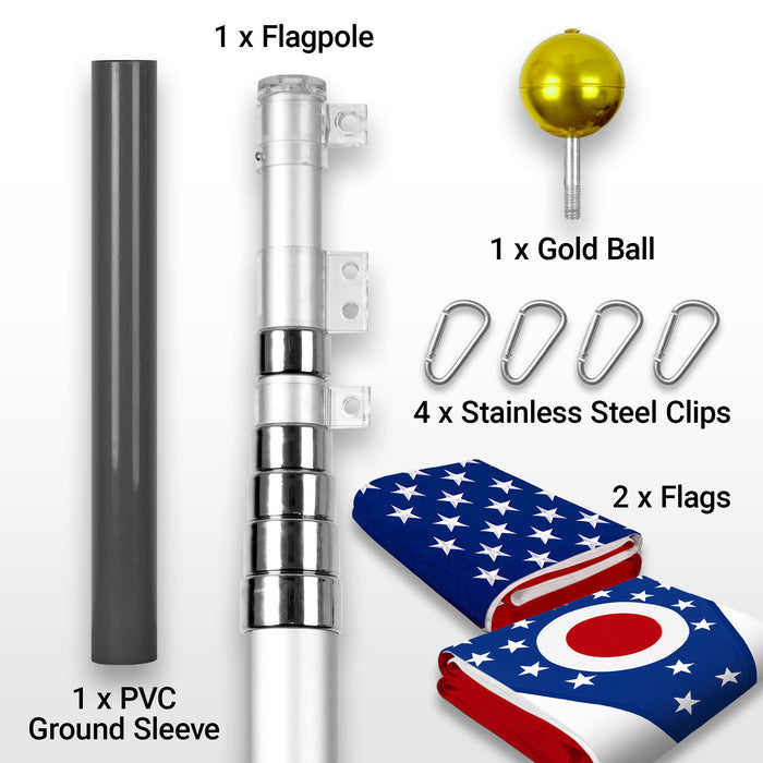 G128 Combo Pack: 25 Ft Telescoping Aluminum Flagpole (Silver) & American and Ohio Flags 3x5 Ft, Both StormFlyer Series Embroidered 220GSM Spun Polyester | Pole with Flags Included
