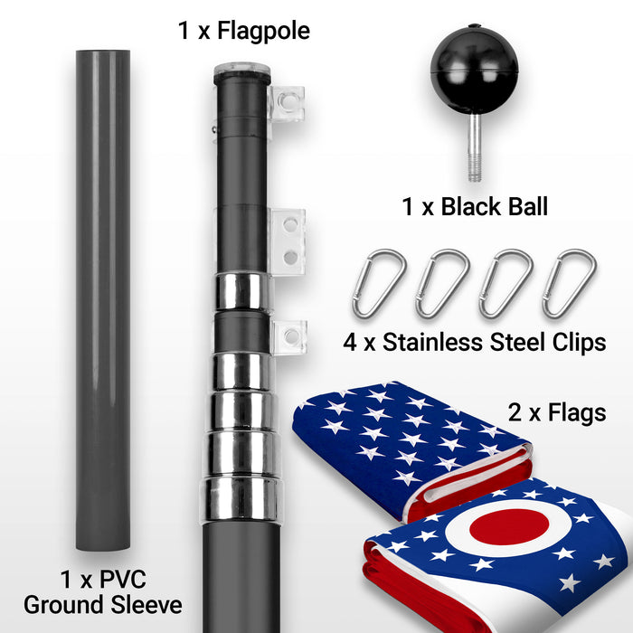 G128 Combo Pack: 25 Ft Telescoping Aluminum Flagpole (Black) & American and Ohio Flags 3x5 Ft, Both StormFlyer Series Embroidered 220GSM Spun Polyester | Pole with Flags Included