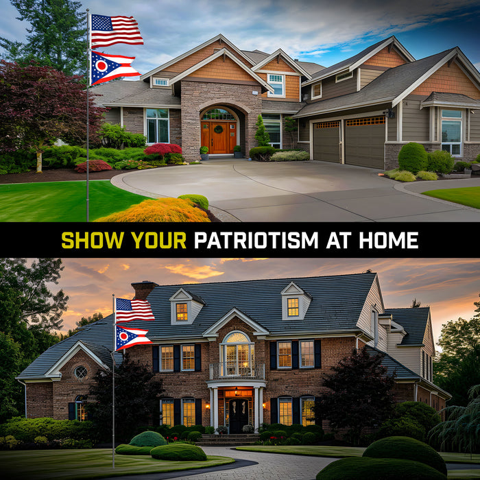G128 Combo Pack: 25 Ft Telescoping Aluminum Flagpole (Black) & American and Ohio Flags 3x5 Ft, Both StormFlyer Series Embroidered 220GSM Spun Polyester | Pole with Flags Included