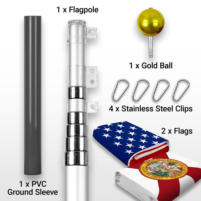 G128 Combo Pack: 20 Ft Telescoping Aluminum Flagpole (Silver) & American and Florida Flags 3x5 Ft, Both StormFlyer Series Embroidered 220GSM Spun Polyester | Pole with Flags Included