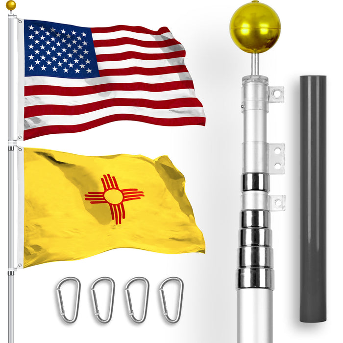 G128 Combo Pack: 20 Ft Telescoping Aluminum Flagpole (Silver) & American and New Mexico Flags 3x5 Ft, Both StormFlyer Series Embroidered 220GSM Spun Polyester | Pole with Flags Included