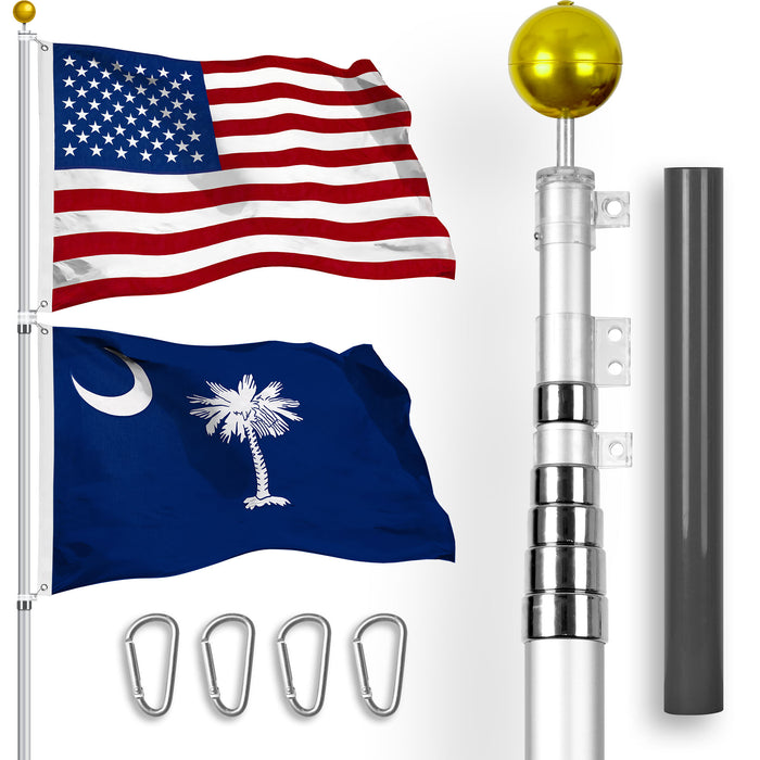 G128 Combo Pack: 20 Ft Telescoping Aluminum Flagpole (Silver) & American and South Carolina Flags 3x5 Ft, Both StormFlyer Series Embroidered 220GSM Spun Polyester | Pole with Flags Included