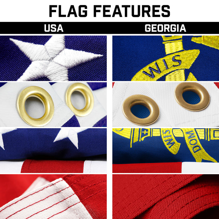 G128 Combo Pack: 25 Ft Telescoping Aluminum Flagpole (Black) & American and Georgia Flags 3x5 Ft, Both StormFlyer Series Embroidered 220GSM Spun Polyester | Pole with Flags Included