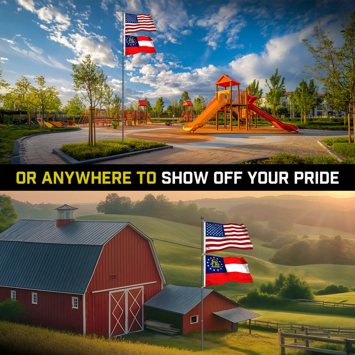 G128 Combo Pack: 25 Ft Telescoping Aluminum Flagpole (Black) & American and Georgia Flags 3x5 Ft, Both StormFlyer Series Embroidered 220GSM Spun Polyester | Pole with Flags Included
