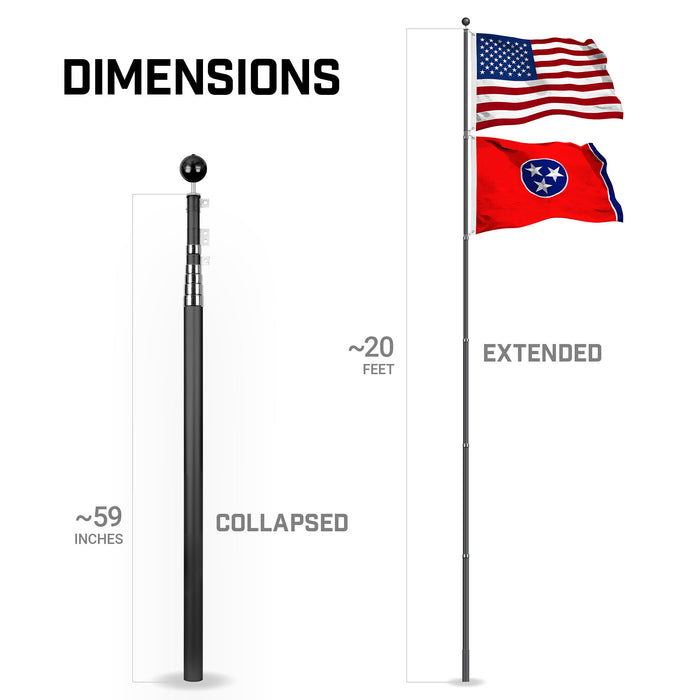 G128 Combo Pack: 20 Ft Telescoping Aluminum Flagpole (Black) & American and Tennessee Flags 3x5 Ft, Both StormFlyer Series Embroidered 220GSM Spun Polyester | Pole with Flags Included
