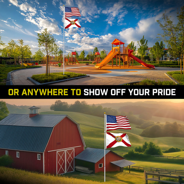 G128 Combo Pack: 20 Ft Telescoping Aluminum Flagpole (Silver) & American and Florida Flags 3x5 Ft, Both StormFlyer Series Embroidered 220GSM Spun Polyester | Pole with Flags Included