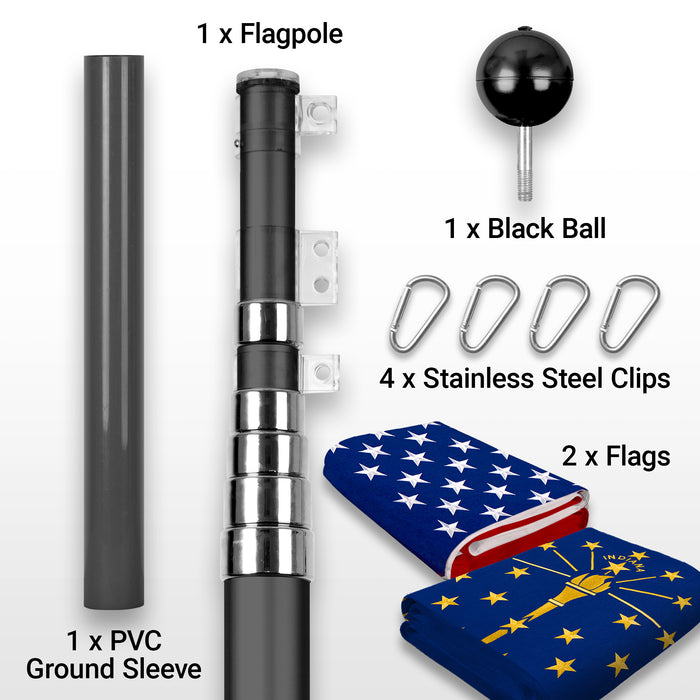 G128 Combo Pack: 25 Ft Telescoping Aluminum Flagpole (Black) & American and Indiana Flags 3x5 Ft, Both StormFlyer Series Embroidered 220GSM Spun Polyester | Pole with Flags Included