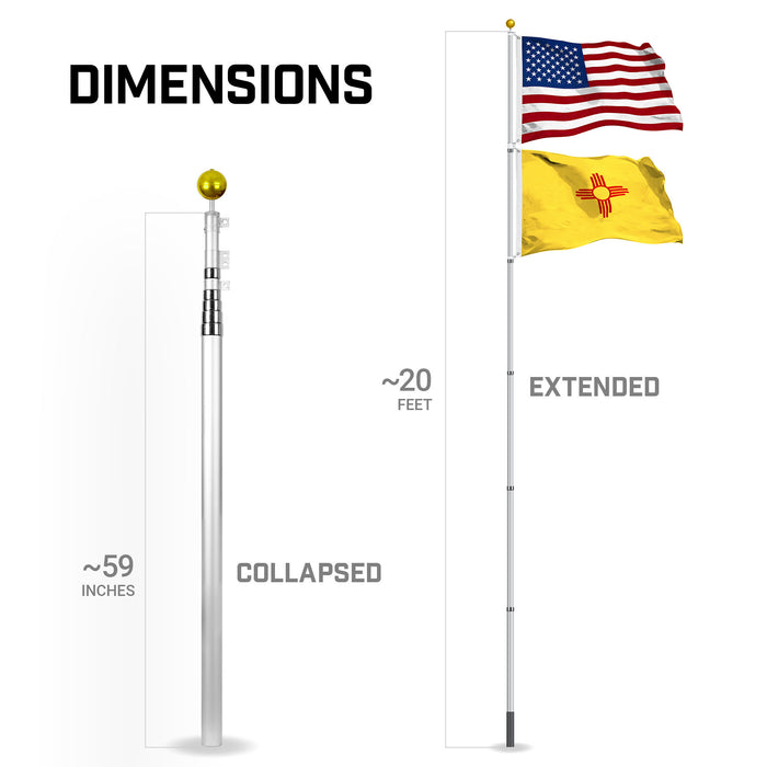 G128 Combo Pack: 20 Ft Telescoping Aluminum Flagpole (Silver) & American and New Mexico Flags 3x5 Ft, Both StormFlyer Series Embroidered 220GSM Spun Polyester | Pole with Flags Included