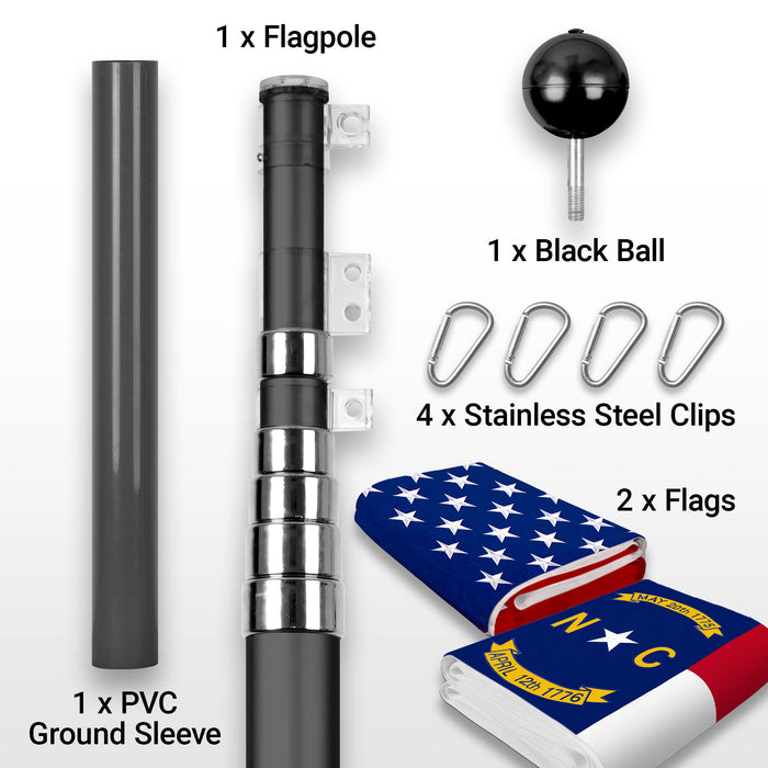 G128 Combo Pack: 20 Ft Telescoping Aluminum Flagpole (Black) & American and North Carolina Flags 3x5 Ft, Both StormFlyer Series Embroidered 220GSM Spun Polyester | Pole with Flags Included