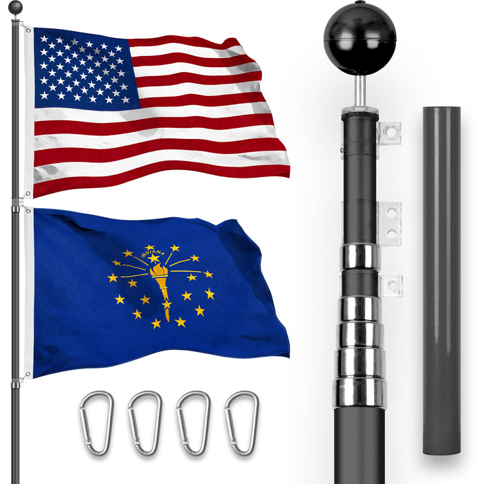G128 Combo Pack: 25 Ft Telescoping Aluminum Flagpole (Black) & American and Indiana Flags 3x5 Ft, Both StormFlyer Series Embroidered 220GSM Spun Polyester | Pole with Flags Included