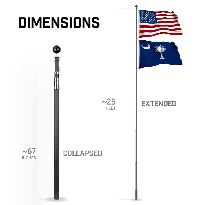 G128 Combo Pack: 25 Ft Telescoping Aluminum Flagpole (Black) & American and South Carolina Flags 3x5 Ft, Both StormFlyer Series Embroidered 220GSM Spun Polyester | Pole with Flags Included