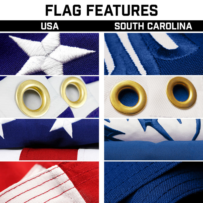 G128 Combo Pack: 25 Ft Telescoping Aluminum Flagpole (Black) & American and South Carolina Flags 3x5 Ft, Both StormFlyer Series Embroidered 220GSM Spun Polyester | Pole with Flags Included