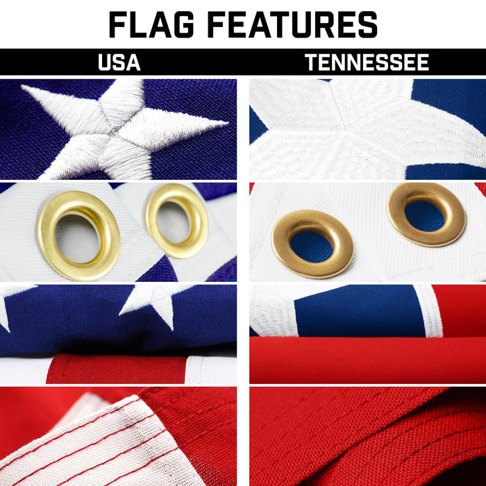 G128 Combo Pack: 20 Ft Telescoping Aluminum Flagpole (Black) & American and Tennessee Flags 3x5 Ft, Both StormFlyer Series Embroidered 220GSM Spun Polyester | Pole with Flags Included