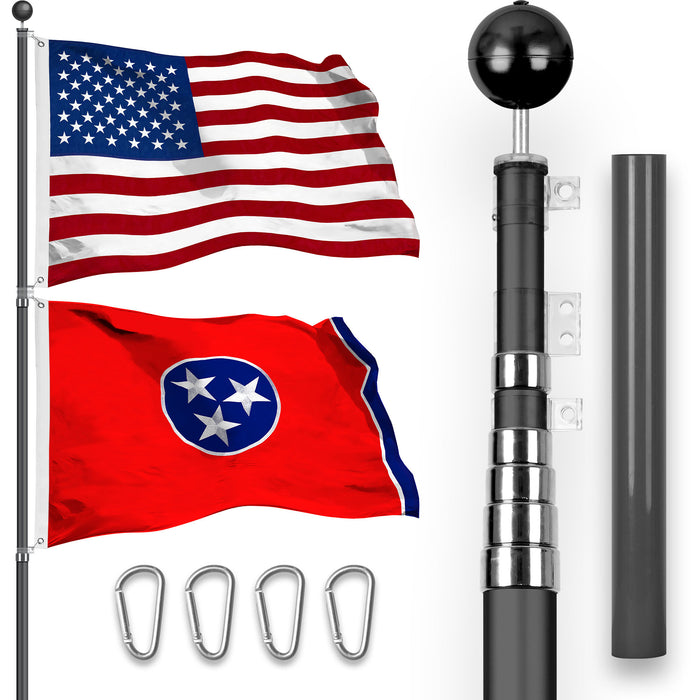 G128 Combo Pack: 25 Ft Telescoping Aluminum Flagpole (Black) & American and Tennessee Flags 3x5 Ft, Both StormFlyer Series Embroidered 220GSM Spun Polyester | Pole with Flags Included
