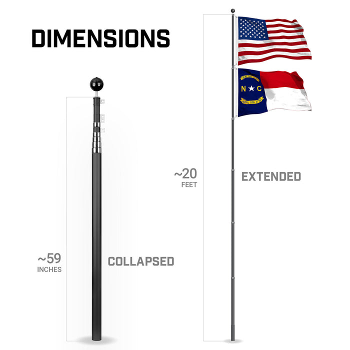 G128 Combo Pack: 20 Ft Telescoping Aluminum Flagpole (Black) & American and North Carolina Flags 3x5 Ft, Both StormFlyer Series Embroidered 220GSM Spun Polyester | Pole with Flags Included