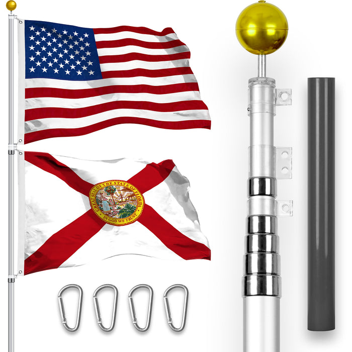G128 Combo Pack: 20 Ft Telescoping Aluminum Flagpole (Silver) & American and Florida Flags 3x5 Ft, Both StormFlyer Series Embroidered 220GSM Spun Polyester | Pole with Flags Included