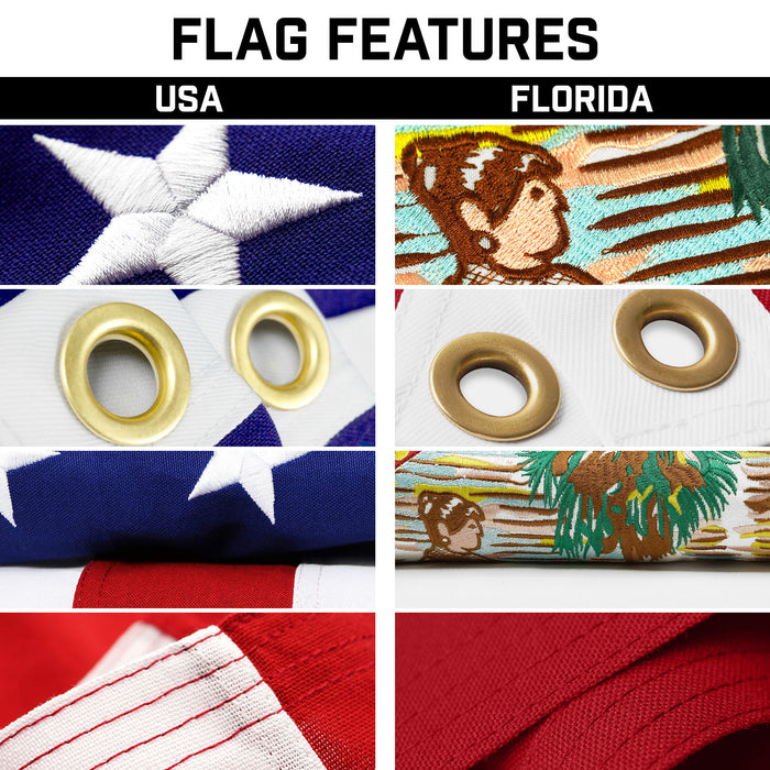 G128 Combo Pack: 20 Ft Telescoping Aluminum Flagpole (Silver) & American and Florida Flags 3x5 Ft, Both StormFlyer Series Embroidered 220GSM Spun Polyester | Pole with Flags Included