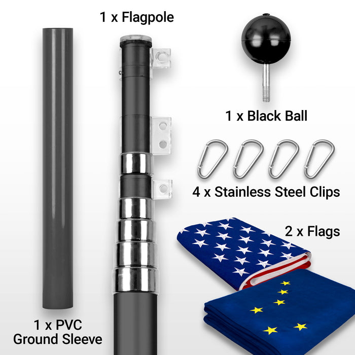 G128 Combo Pack: 25 Ft Telescoping Aluminum Flagpole (Black) & American and Alaska Flags 3x5 Ft, Both ToughWeave Series Embroidered Polyester | Pole with Flags Included