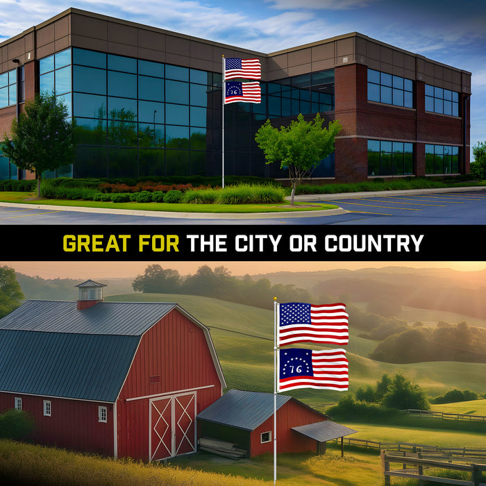 G128 Combo Pack: 25 Ft Telescoping Aluminum Flagpole (Silver) & American and Bennington Flags 3x5 Ft, Both ToughWeave Series Embroidered Polyester | Pole with Flags Included
